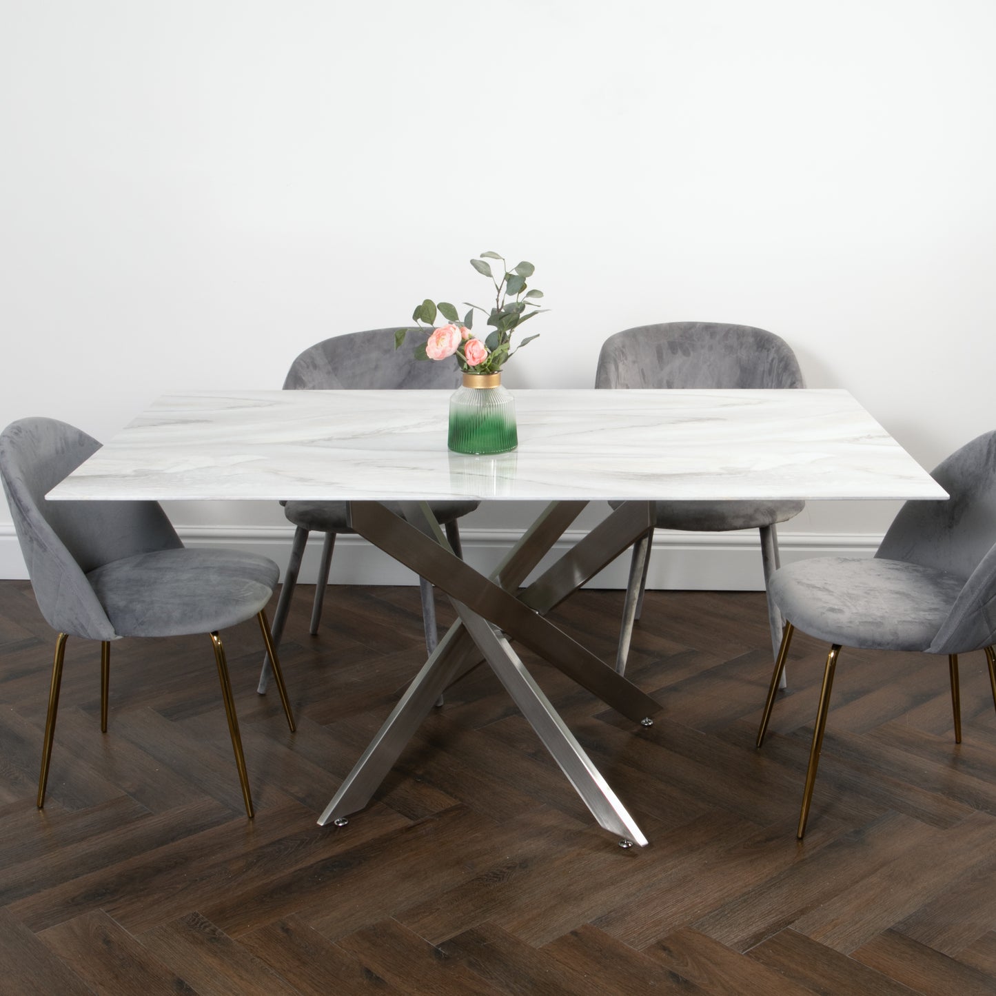 White Marble Dining Table Silver Rectangle 4 - 6 Seater