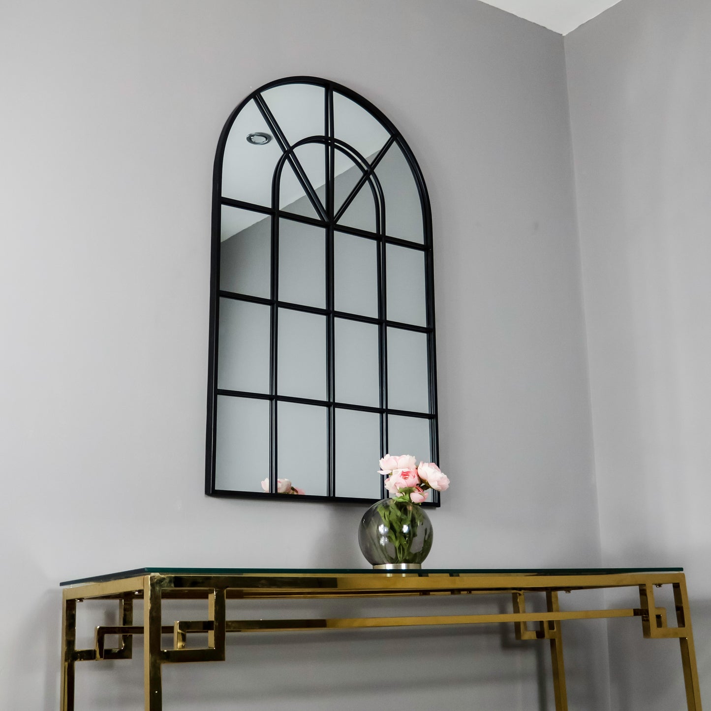 Large Window Style Arched Black Mirror