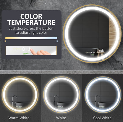 Gold round LED dimmable wall Mount Mirror with 3 Colours, Time Display, Memory Function, Hardwired