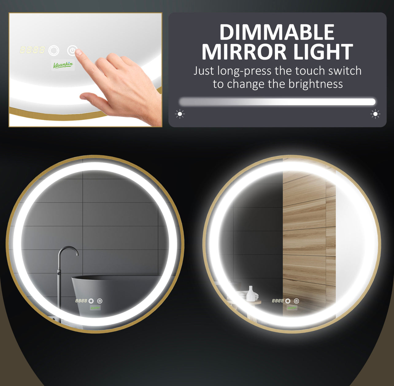 Gold round LED dimmable wall Mount Mirror with 3 Colours, Time Display, Memory Function, Hardwired