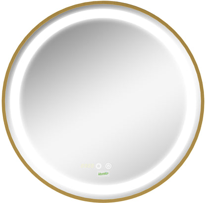 Gold round LED dimmable wall Mount Mirror with 3 Colours, Time Display, Memory Function, Hardwired