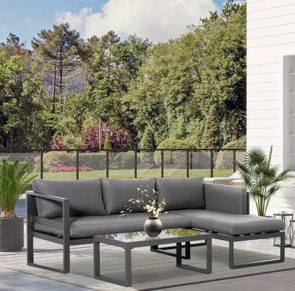 L-shape Aluminium Garden Corner Sofa Set with Padded Cushions, Outdoor Conversation Furniture Set with Glass Coffee Table, Grey