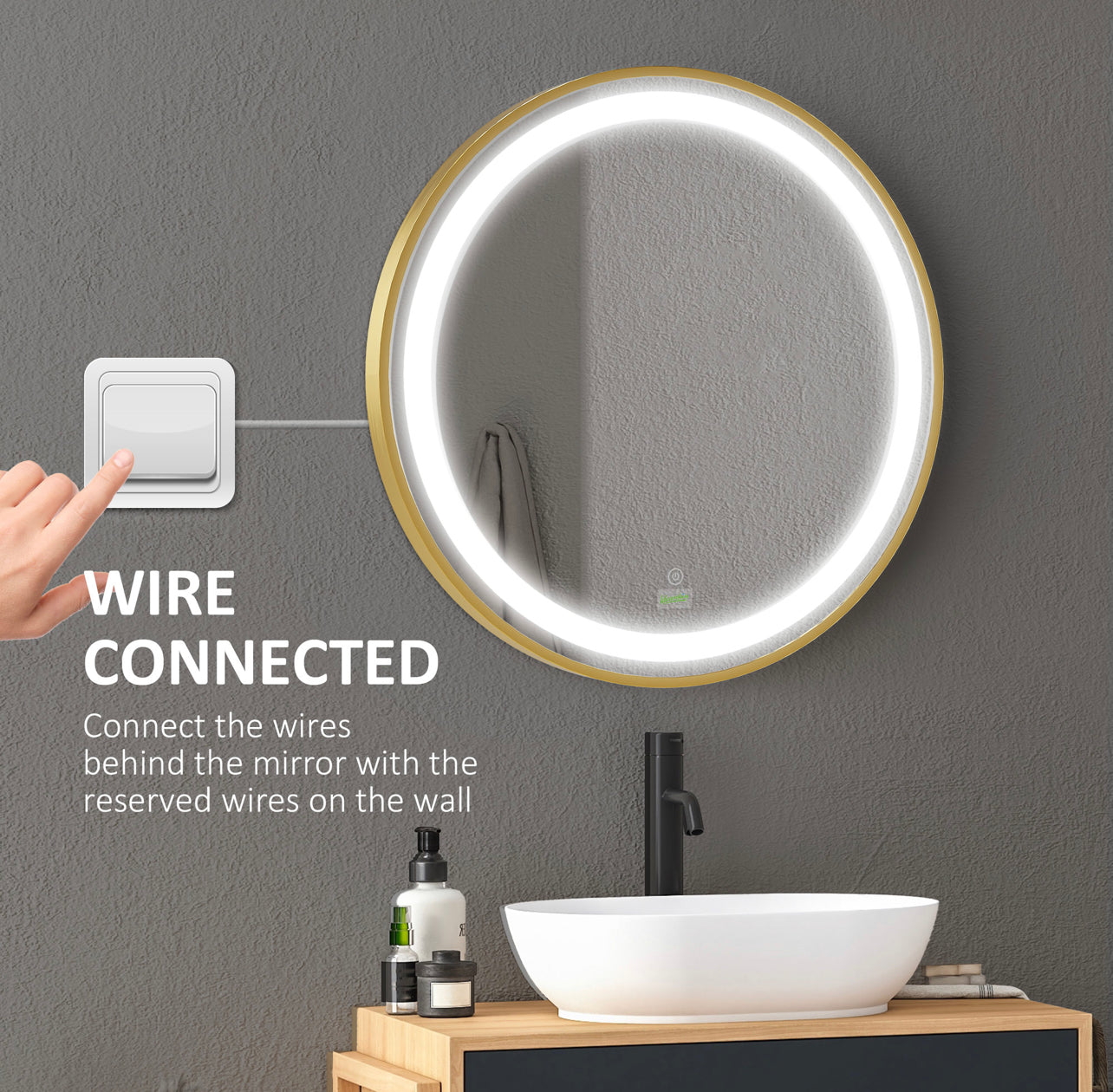 Gold round LED dimmable wall Mount Mirror with 3 Colours, Time Display, Memory Function, Hardwired