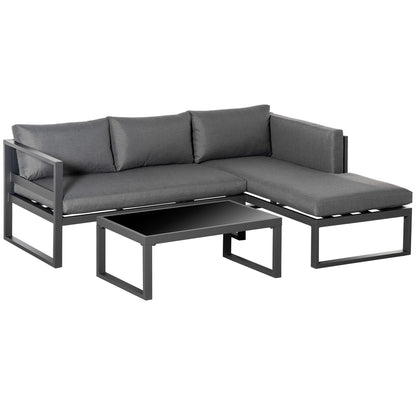 L-shape Aluminium Garden Corner Sofa Set with Padded Cushions, Outdoor Conversation Furniture Set with Glass Coffee Table, Grey